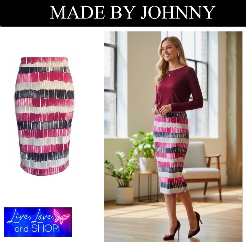 SKIRT: Printed Maxi Elastic Waistband Stretch Midi Knee Length Pencil Skirt, EUC